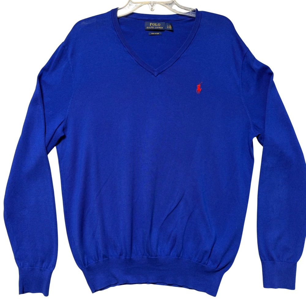 Polo‎ Ralph Lauren Mens Pima Cotton V-Neck Sweater Royal Blue Red Pony Large